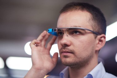 man using virtual reality gadget computer glasses