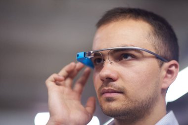 man using virtual reality gadget computer glasses