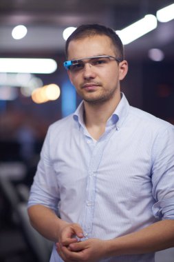 man using virtual reality gadget computer glasses