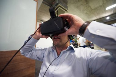 man using virtual reality gadget computer glasses