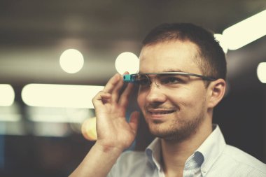 man using virtual reality gadget computer glasses