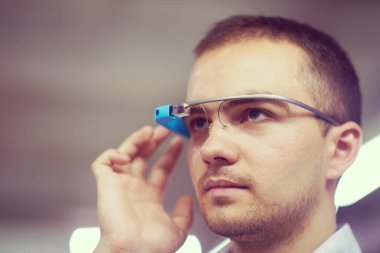 man using virtual reality gadget computer glasses