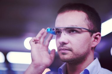 man using virtual reality gadget computer glasses