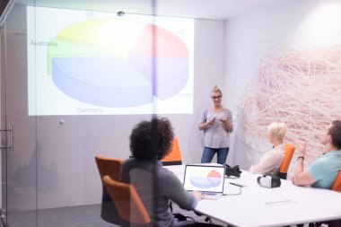 Modern gece ofis binasındaki bir toplantıda Girişim Ekibi