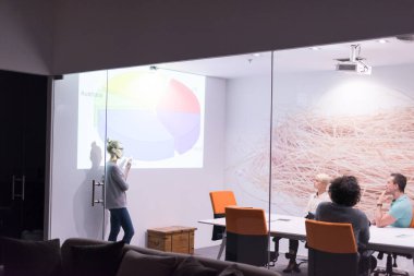 Modern gece ofis binasındaki bir toplantıda Girişim Ekibi
