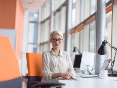 başlangıç ofisinde bir dizüstü bilgisayar kullanarak iş kadını