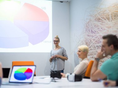 Modern gece ofis binasındaki bir toplantıda Girişim Ekibi