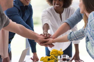 Çok ırklı girişimci genç iş adamları grubu başarıyı kutluyor