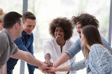 Çok ırklı girişimci genç iş adamları grubu başarıyı kutluyor