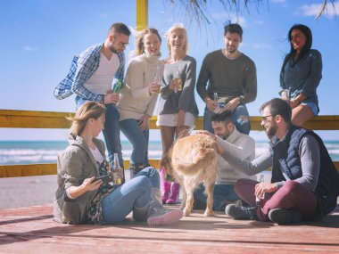 Bir grup arkadaş, sonbahar günü kumsalda eğleniyorlar.