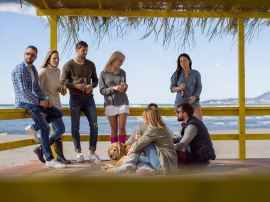 Bir grup arkadaş, sonbahar günü kumsalda eğleniyorlar.