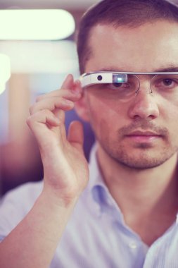 man using virtual reality gadget computer glasses