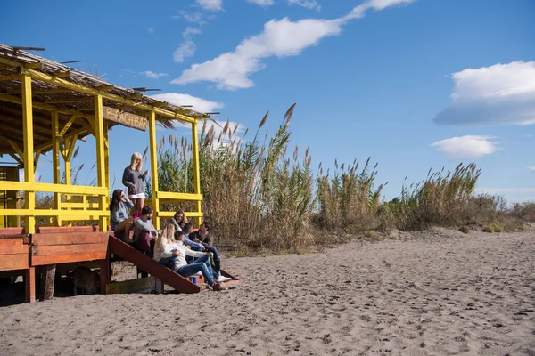 Группа Друзей Веселится Осенью Пляже — стоковое фото