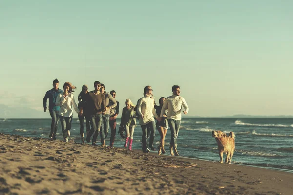 Группа Друзей Бегающих Пляжу Осенний День — стоковое фото