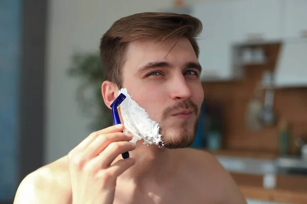 Morning Routine Handsome Shirtless Young Man Shaving His Face Smiling — Stock Photo, Image