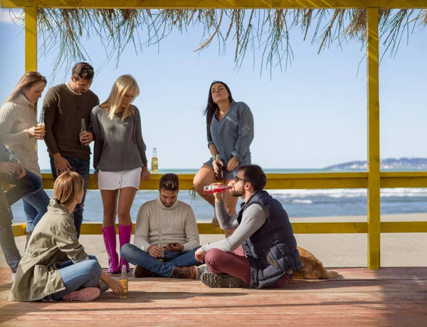 stock image Group of friends having fun on autumn day at beach