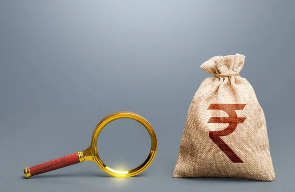Indiai Rúpia Pénzeszsák Nagyító Keress Jól Fizető Állást Legkedvezőbb Feltételek — Stock Fotó