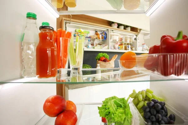 Abra Refrigerador Com Frutas Frescas Vegetais Abra Geladeira — Fotografia de Stock