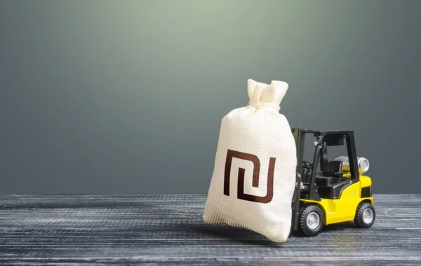 Forklift Transports Israeli Shekel Money Bag Attraction Investments Business Economy — Stock Photo, Image