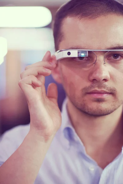 Man Using Virtual Reality Gadget Computer Glasses — Photo