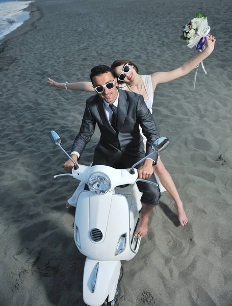 Just Married Couple Beach Ride White Scooter Royalty Free Stock Photos