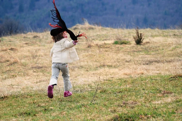 Indah Berjalan Gadis Padang Rumput Dengan Angin Rambut Mereka — Stok Foto