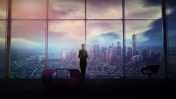 Affärskvinna Tittar Genom Panoramafönstret Stadsbilden Render — Stockfoto