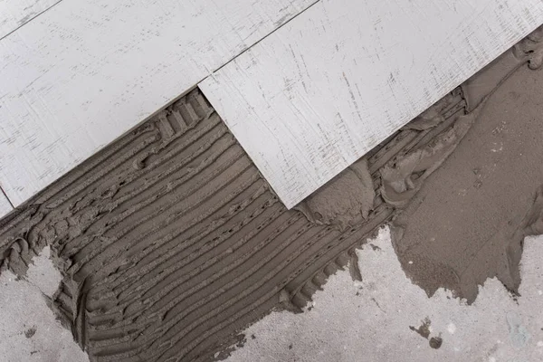 Seramik Ahşap Efekt Fayansları Yerdeki Tiler Için Araçlar — Stok fotoğraf
