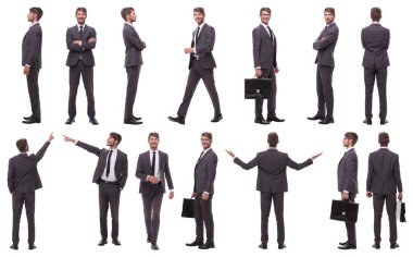 Başarılı bir iş adamının fotoğraflarının kolajı. beyaz üzerine izole