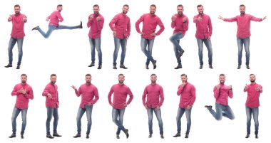 Kırmızı gömlekli duygusal bir adamın fotoğraflarının kolajı.