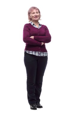 Gündelik giysiler içinde hoş bir yaşlı kadın. bir beyaz üzerinde izole