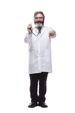 Gülümseyen doktor terapist çalışmaya hazır. bir beyaz üzerinde izole