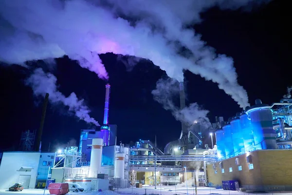 Poluição Fábrica Noite Fumaça Industrial — Fotografia de Stock