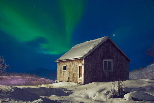 Traditional Norwegian Fisherman Cabins Covered Snow Night — Stock Photo, Image