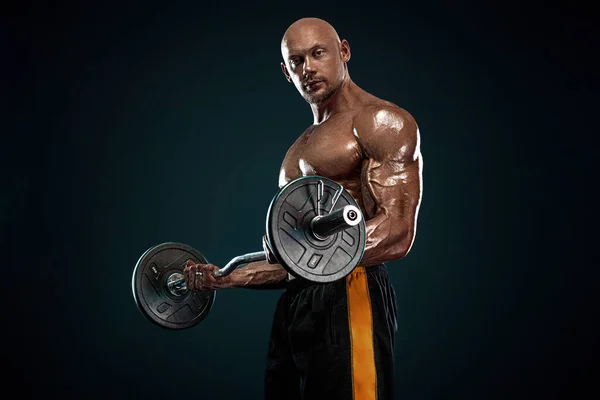 Forte Apto Fisiculturista Homem Musculoso Desportivo Com Sino Desporto Motivação — Fotografia de Stock