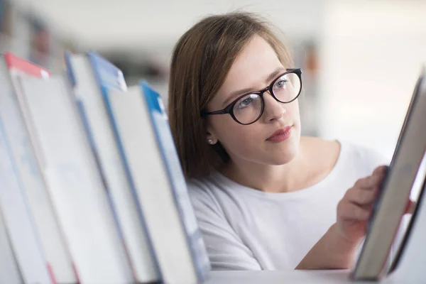 Portrait Female Student Selecting Book Read Library — Stock Photo, Image