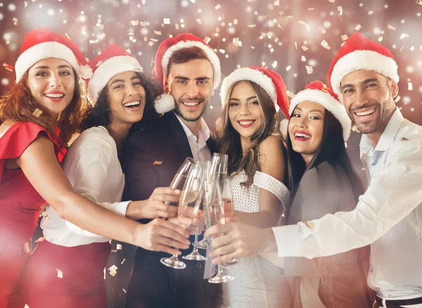 Diverse Friends Clinking Champagne Glasses New Year Eve — Stock Photo, Image