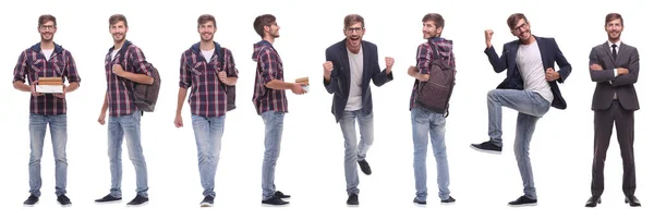 Panoramic Collage Self Motivated Young Man Isolated White — Stock Photo, Image