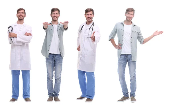 Collage Läkare Och Ung Man Isolerad Vitt — Stockfoto