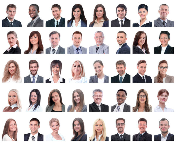Коллаж портретов успешных сотрудников, изолированных по белому