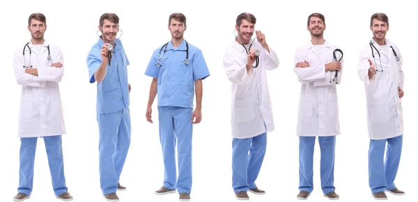 Panoramatická Kolážová Skupina Lékařů Izolované Bílém — Stock fotografie