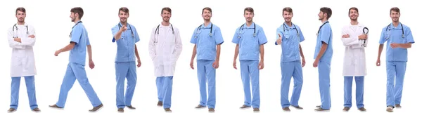 Collage Panorámico Grupo Médicos Aislado Blanco —  Fotos de Stock