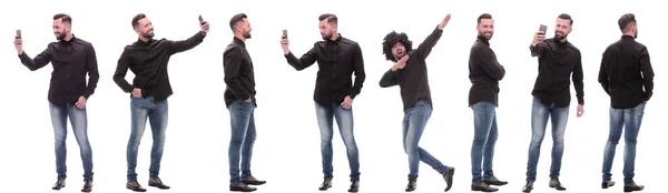 Collage Von Fotos Eines Jungen Mannes Mit Einem Smartphone — Stockfoto