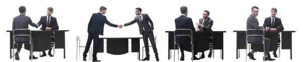 Kolaż Dwóch Biznesmenów Siedzących Przy Biurku — Zdjęcie stockowe