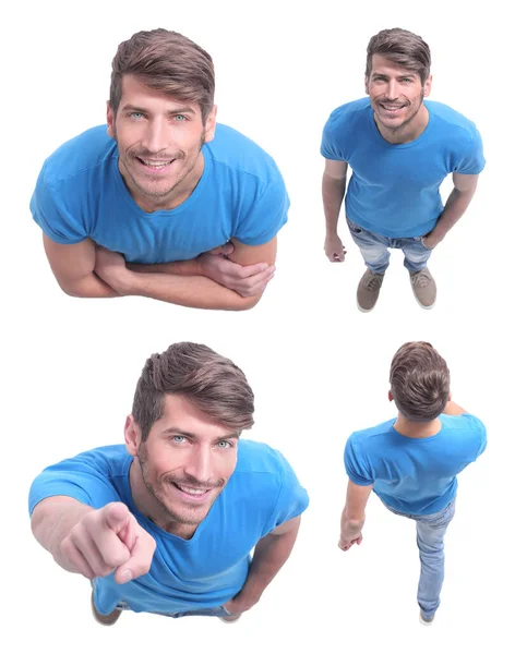 Ansicht Von Oben Lächelnder Typ Blauen Shirt Der Die Kamera — Stockfoto