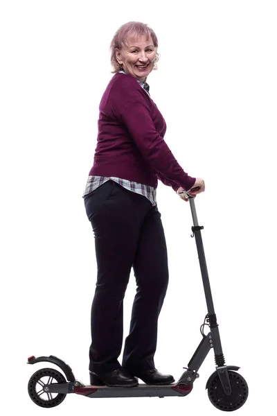 Vriendelijke Oudere Vrouw Een Elektrische Scooter Geïsoleerd — Stockfoto