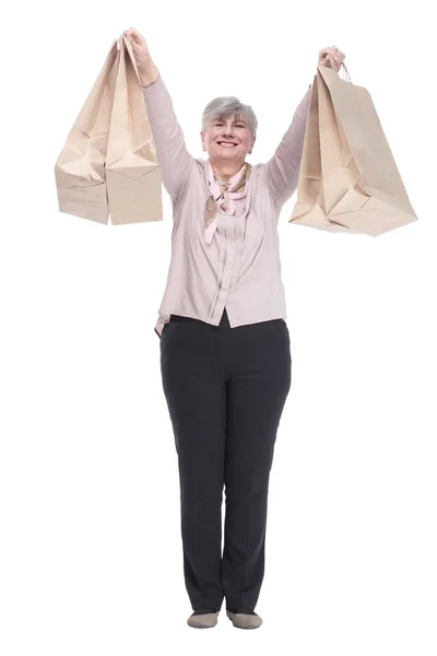 Anciana Sonriente Con Bolsas Compras Aislado Blanco —  Fotos de Stock