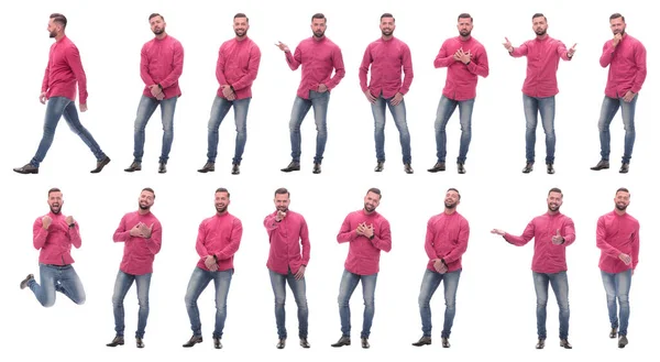 Коллаж Фотографий Эмоционального Мужчины Красной Рубашке — стоковое фото