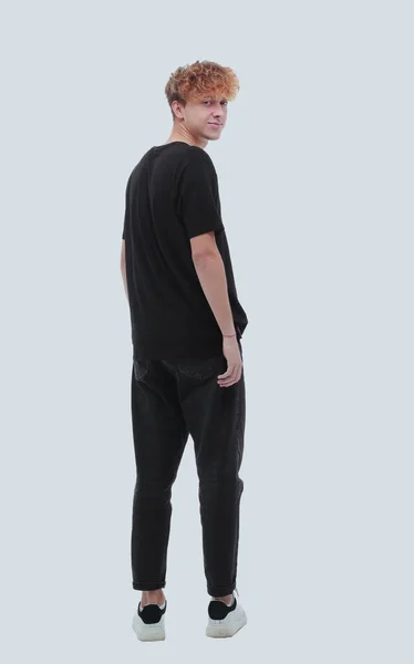 Vista Posteriore Uomo Con Una Shirt Nera Che Guarda Telecamera — Foto Stock