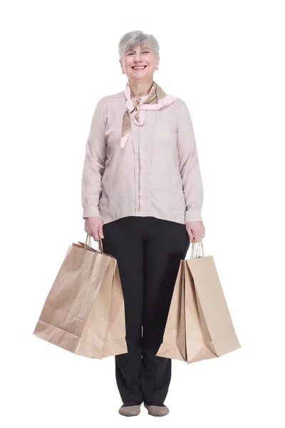 Smiling Old Lady Shopping Bags Isolated White Background — Stock Photo, Image